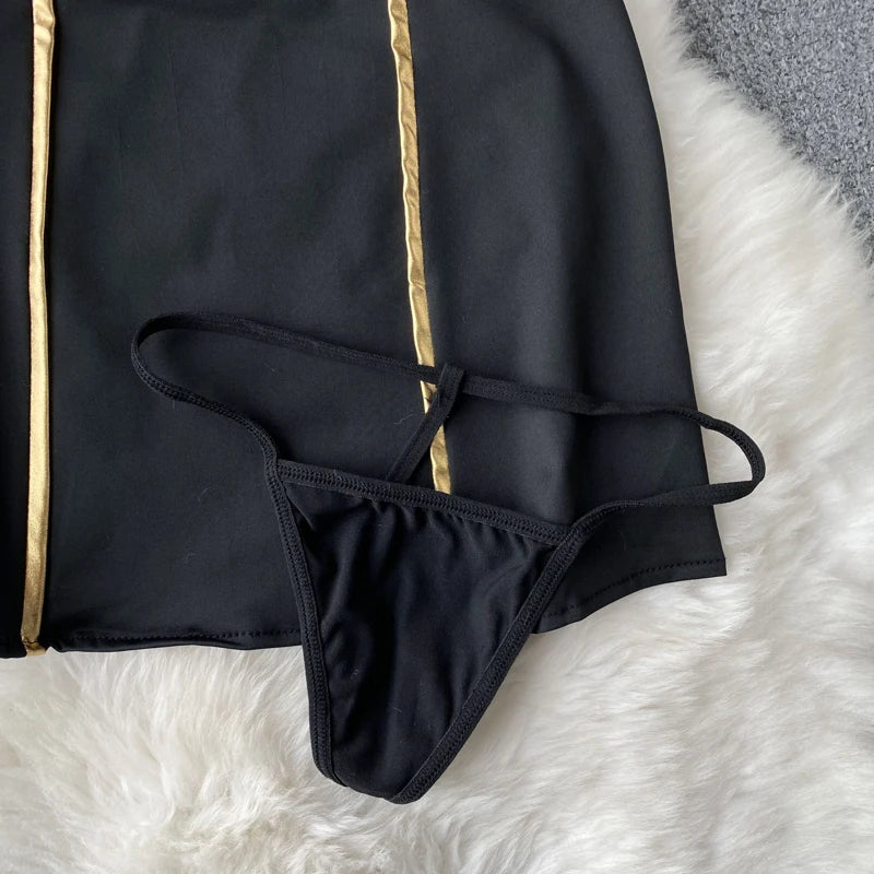 Women Sexy Lace Patchwork Hollow Skirt Suit Set with Turn-Down Collar Top Mini Skirt and Underpants 3-Piece Erotic Pajamas for Cosplay