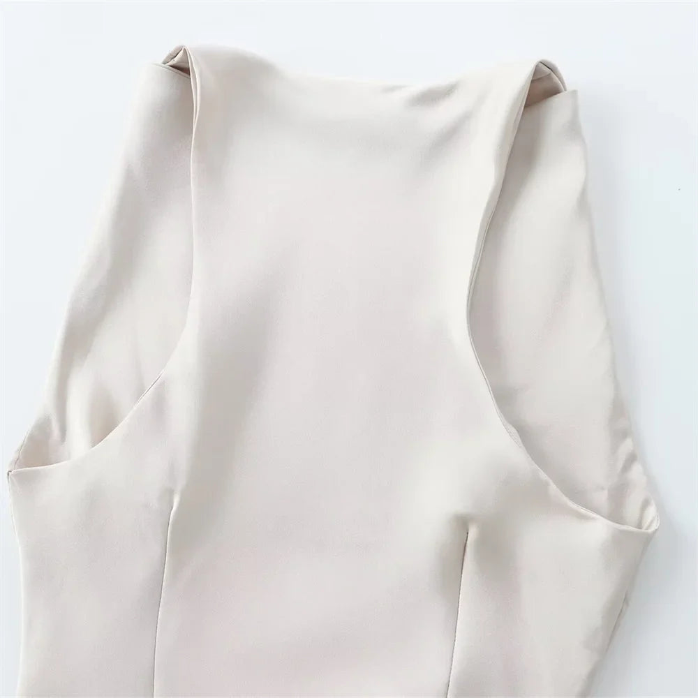 Silk Sleeveless Midi Dress Slim Fit For Office Wear