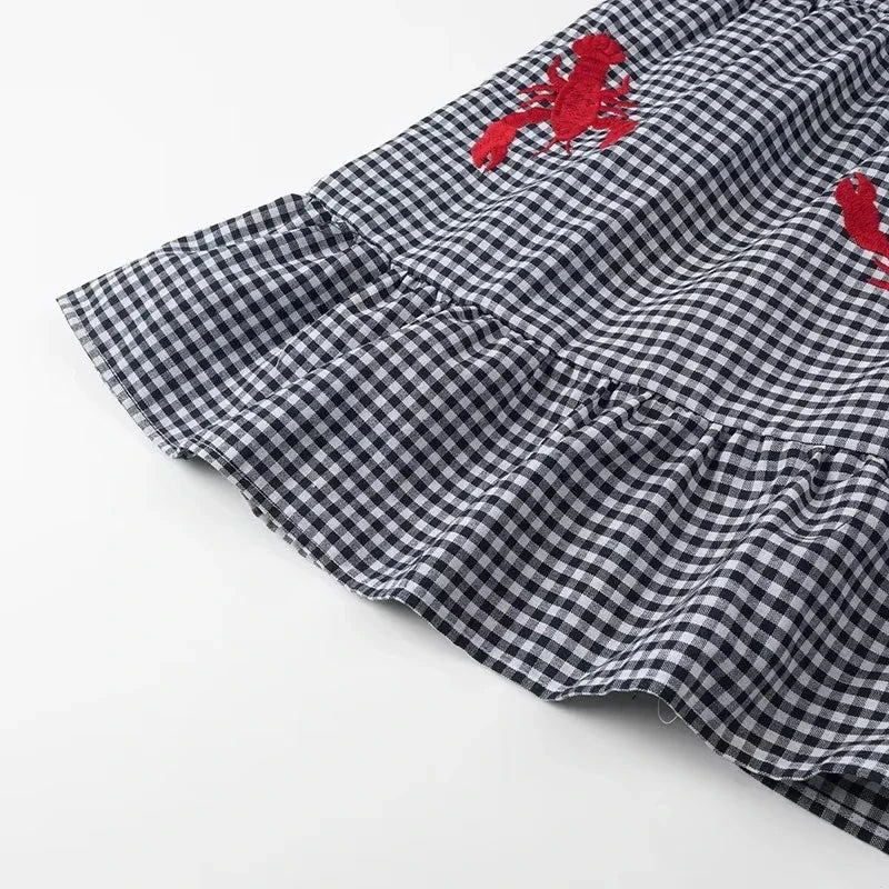 Embroidered Plaid Pleated Midi Dress Backless Beach Style