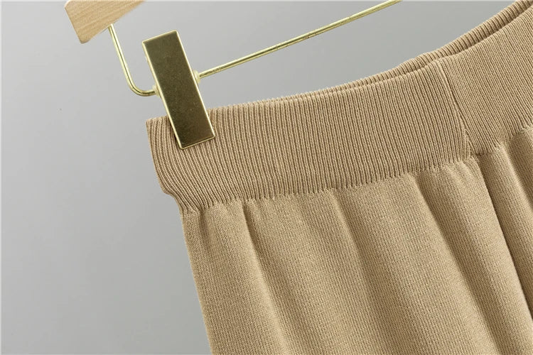 Knitted 3 Piece Set for Women with Stripe Shawl, Half High Neck Full Sleeve Top, and Wide Leg Trousers Stylish Fashion Suit