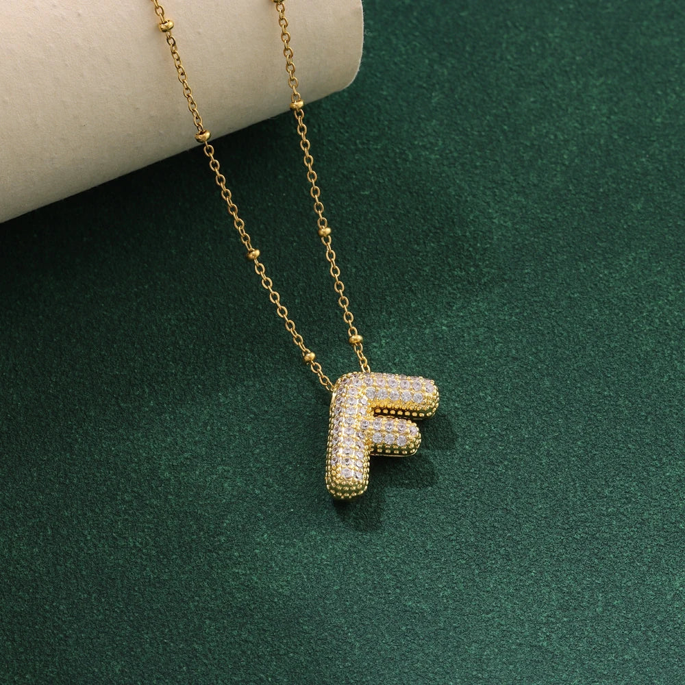 Luxury Zircon Crystal Initial Necklace for Women Stainless Steel Choker Chain Jewelry