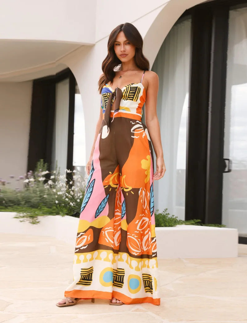 Women's Summer Printed Spaghetti Strap Jumpsuit with Hollow Out Lace-Up Detail High Waist Wide Leg Bohemian Style