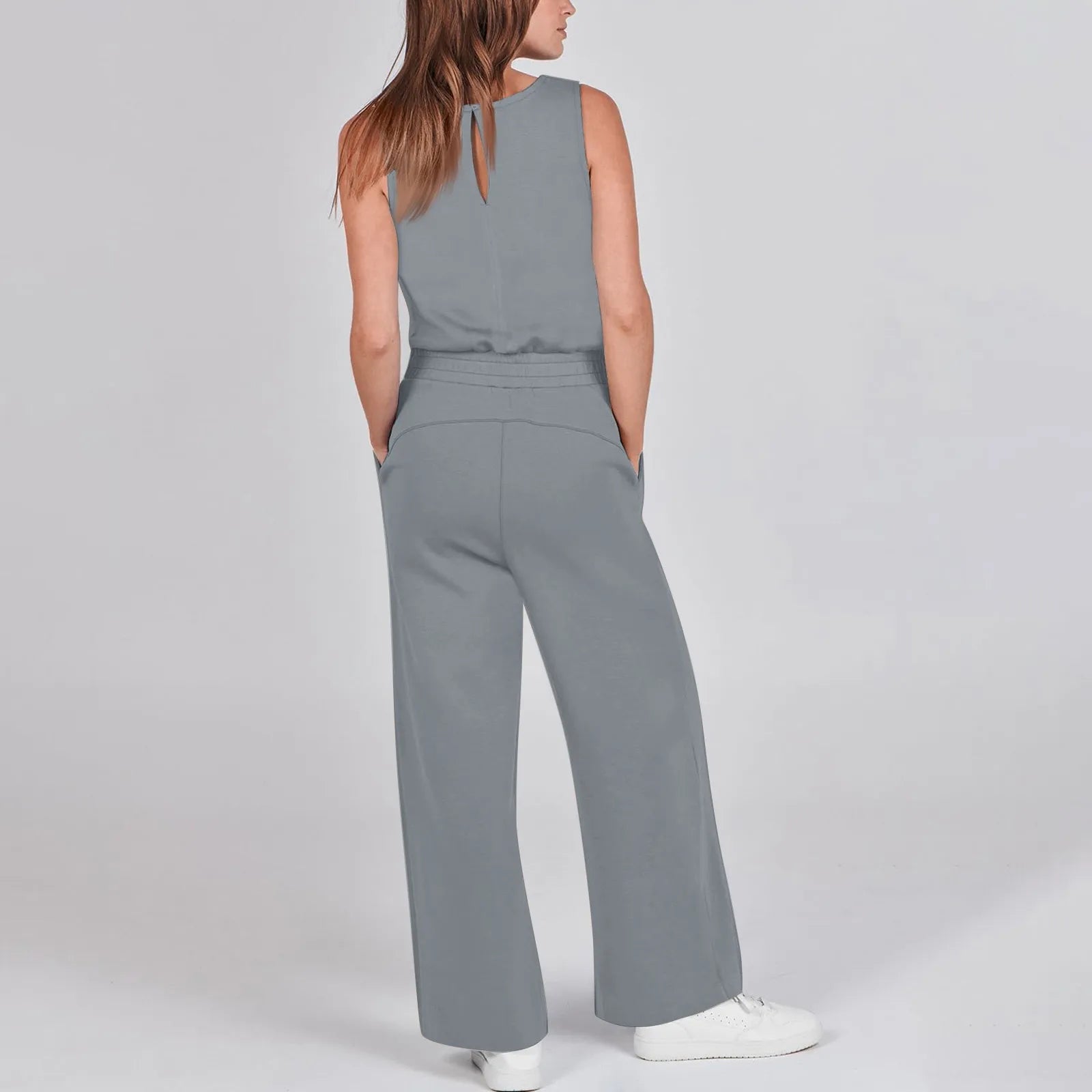 Women's Sleeveless Solid Color Casual Jumpsuit with Drawstring Waist Pockets Straight Leg Thin Commuting Outfit