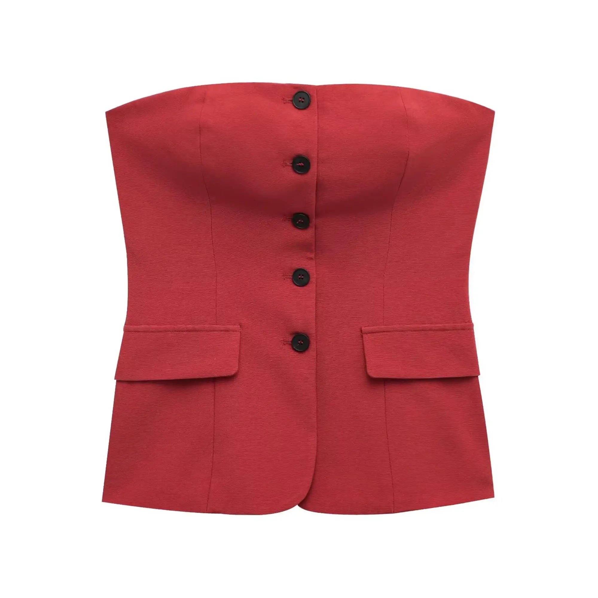 Elegant Red Pant Suit for Women with Front Button Decoration and Strapless Sexy Tank Tops, Wide Leg Trouser Fashion Streetwear