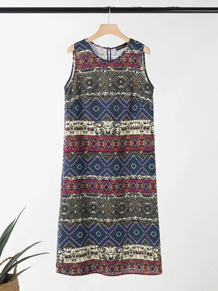 Bohemian Floral Print Sleeveless Midi Dress For Summer