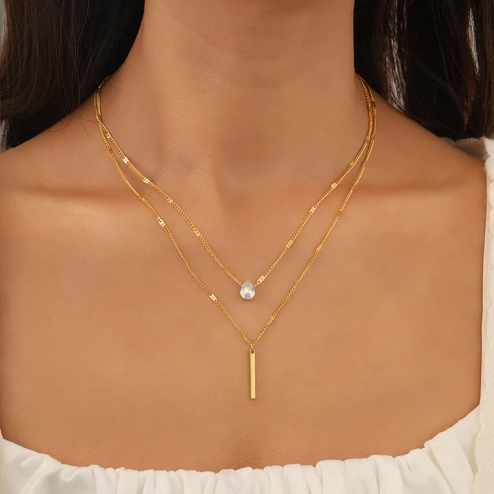 Vintage Layered Metal Bar Pendant Necklace for Women Gold Clavicle Chain Jewelry