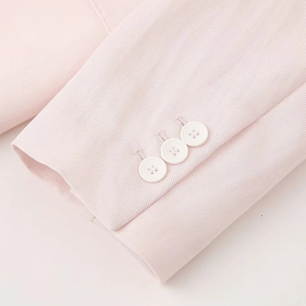 Pink Draping Casual Double Breasted Women's Commuter Suit Coat with Straight Leg Pants