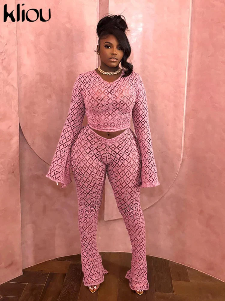 Sexy Coquette 2 Piece Set Sheer Long Sleeve Slim Top and High Waist Flare Pants Nightclub Outfit