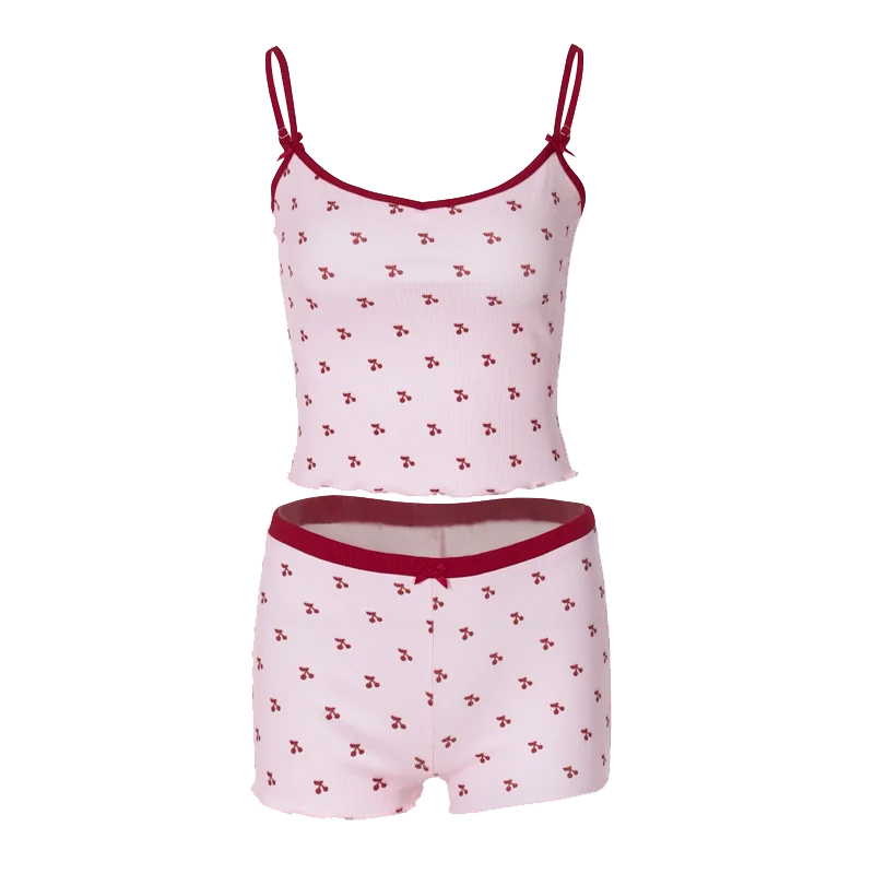 Cherry Print Two-Piece Matching Set with Slim Crop Camisole Top and Bow-Accent Shorts Summer Casual Festival and Workout Outfit for Women