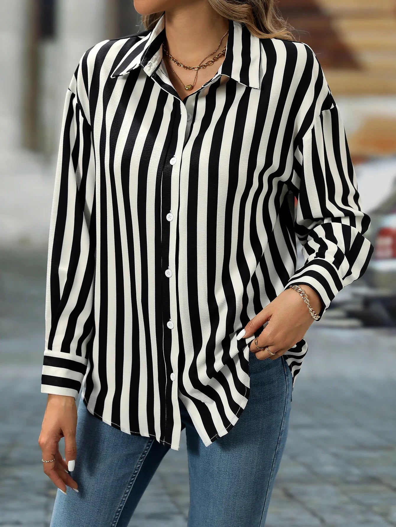 Women's Elegant Black and White Striped Lapel Cardigan with Button Closure