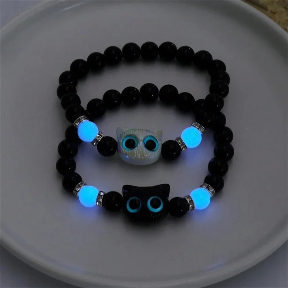 Luminous Cat Charm Bracelets for Couples Glow in the Dark Friendship Bangles Black and White Cat Head Design