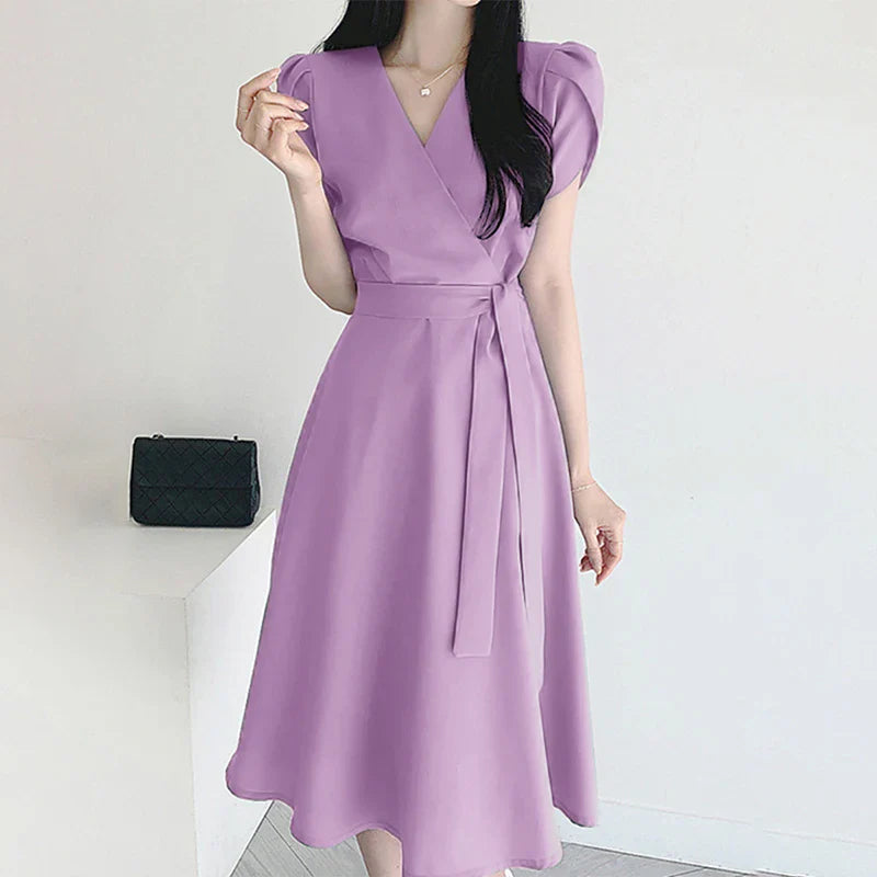 V Neck Midi Dress For Women Solid Cap Sleeve A Line