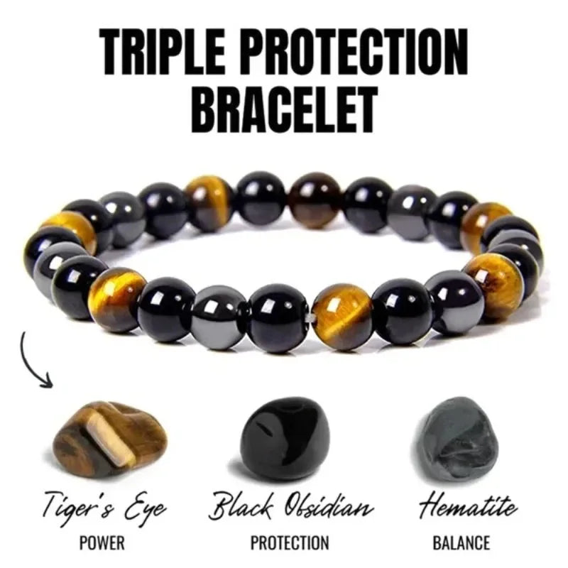 Magnetic Hematite Tiger Eye Obsidian Bracelet for Men and Women with Triple Protection and Health Benefits