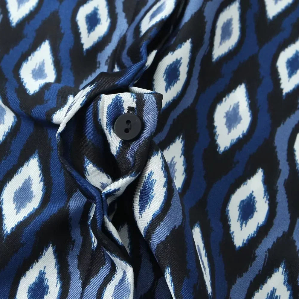 Women's Geometric Pattern Printed Shirt and Pants Set with Long Sleeve Top and Stylish Trousers