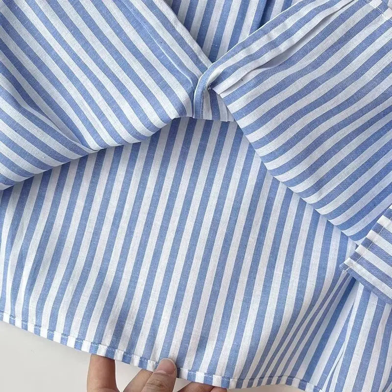Women's Blue Pure Linen Striped Shirt Comfortable Casual Commuting Top Spring Autumn Lightweight Blouse