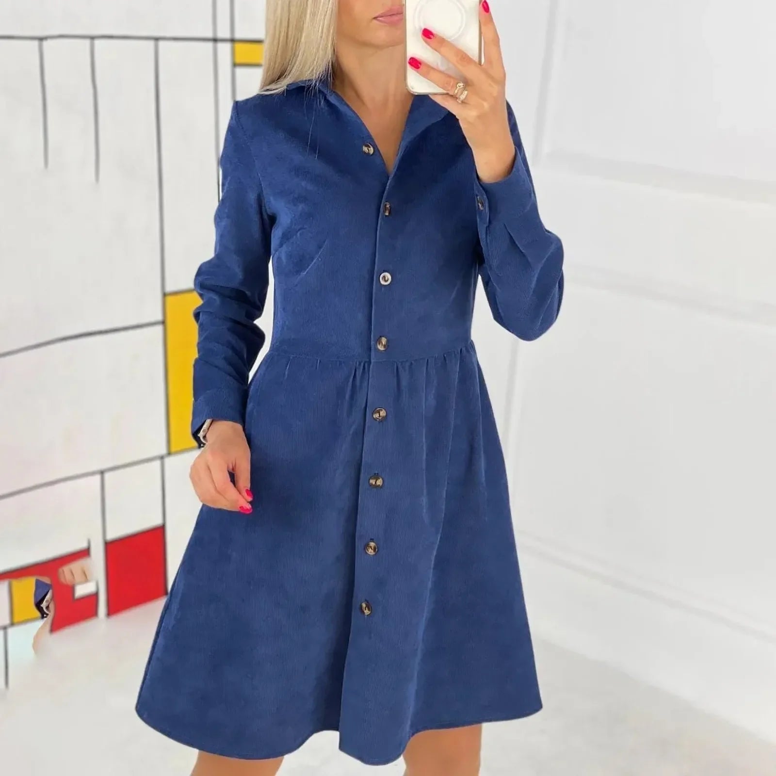 Corduroy Button Down Shirt Dress For Women Long Sleeves