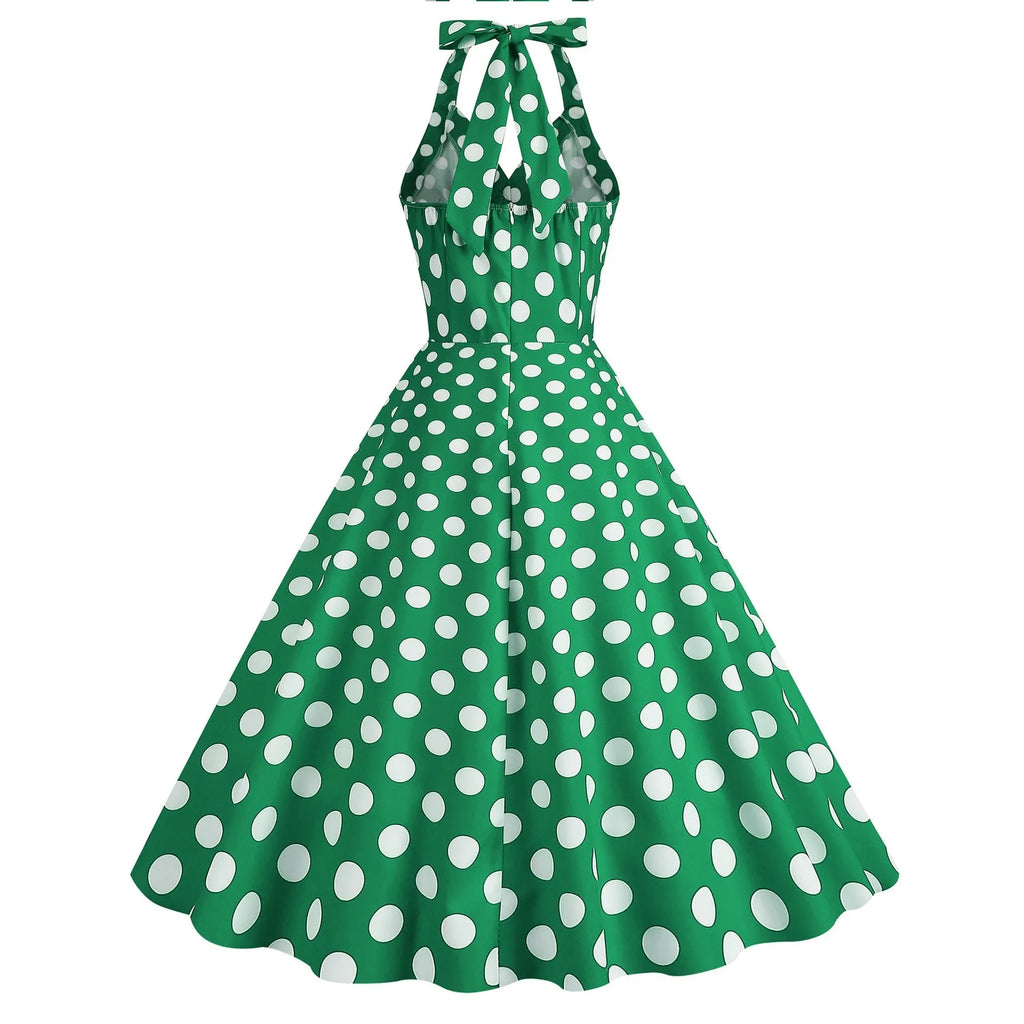 Retro Polka Dot Lace Up Backless Dress With Swing Puff