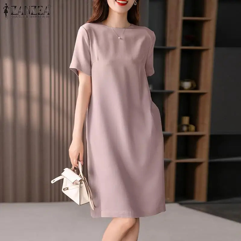 Summer Dress For Women Short Sleeve Knee Length With Pockets