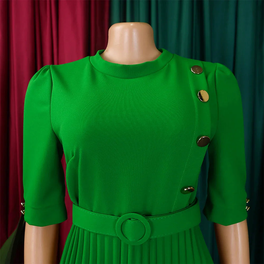 Elegant Pleated Dress for Women Formal Half Sleeve Belted