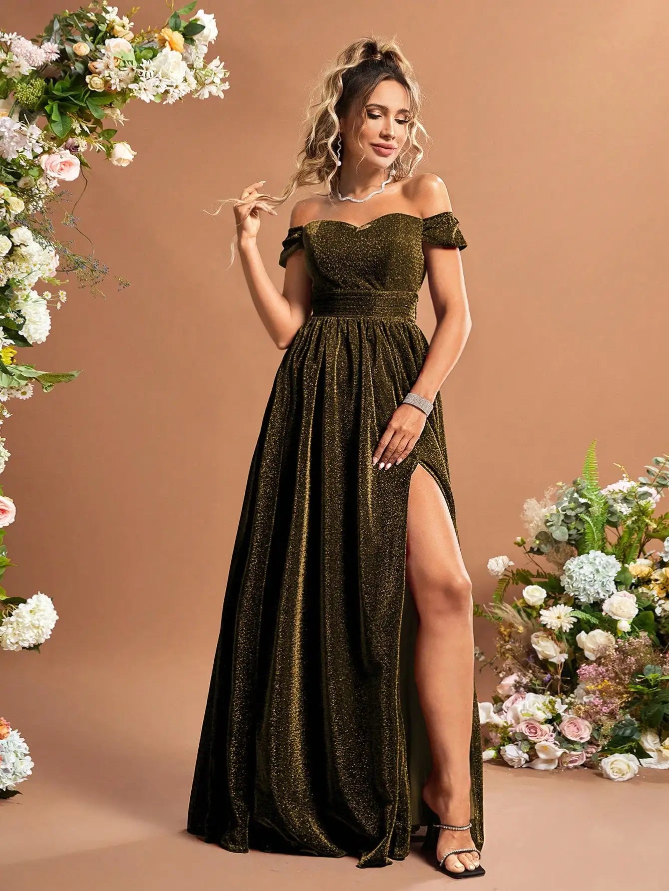 Green Off Shoulder Glitter Dress With Thigh Slit Sequins