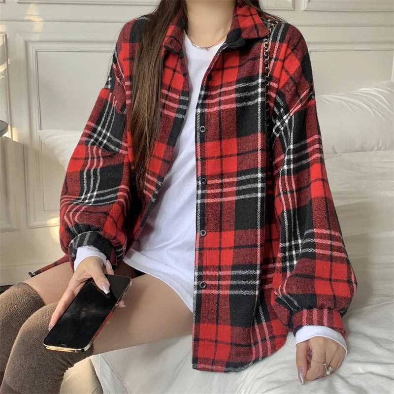 Women's Oversized Plaid Flannel Shacket Button Down Long Sleeve Check Shirt Jacket Cozy Fall Winter Layering Top
