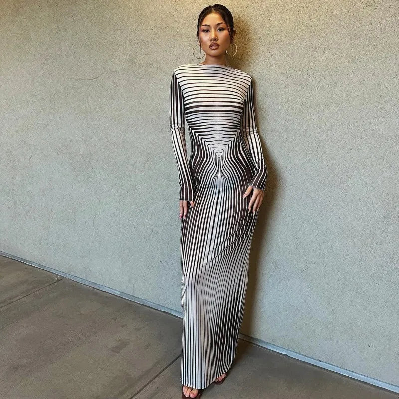 Autumn O Collar Long Sleeve Striped Evening Party Dress