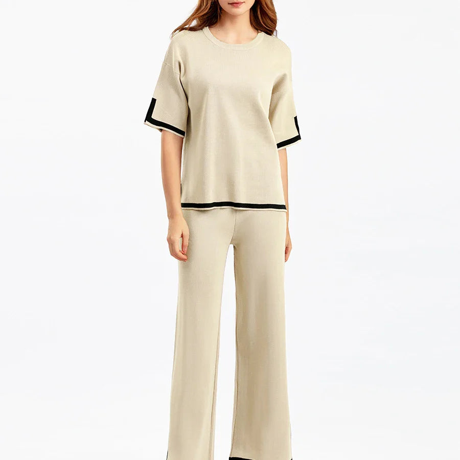 Casual Elegant Women's Two-Piece Autumn Winter Sportswear Set Featuring O-Neck Hoodie Short Sleeve Sweater and Wide Leg Long Pants