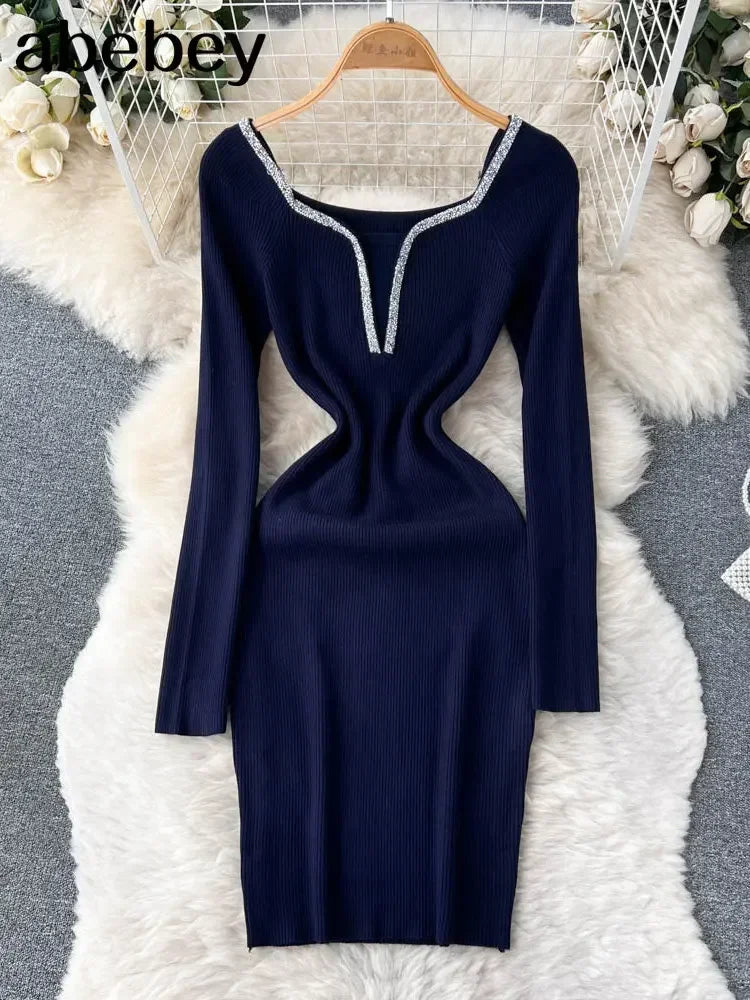 Knit Bodycon Dress For Women Long Sleeve Winter Sweater