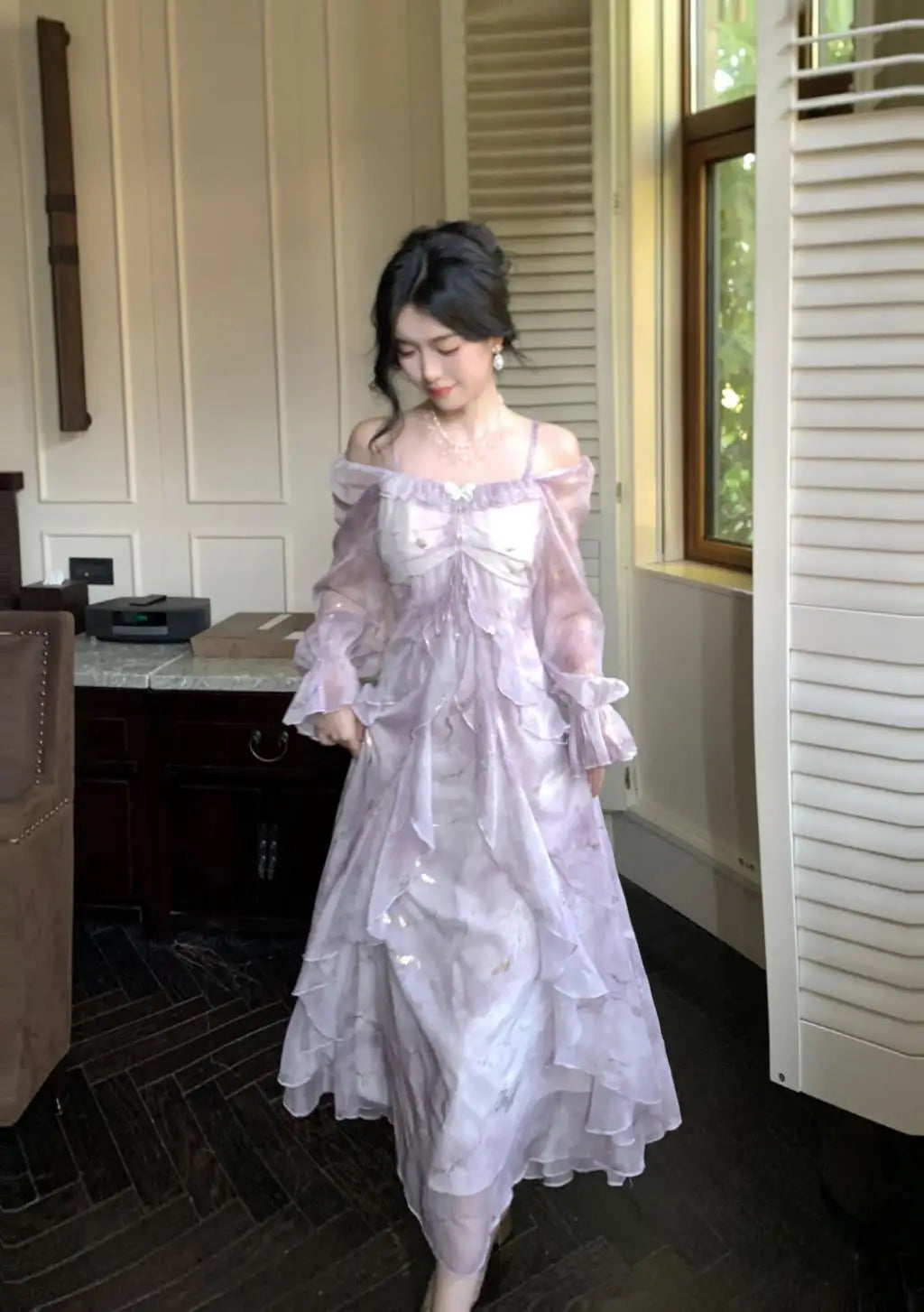 Off Shoulder Dress Ruffle A Line Long French Print