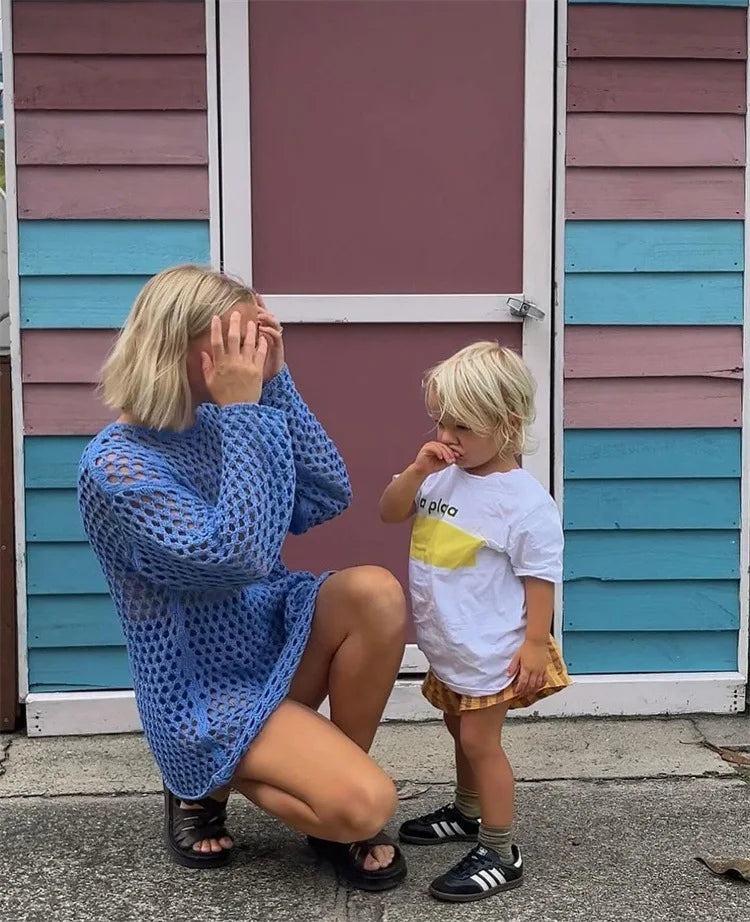 Knit Hollow Out Beach Cover Up Dress See Through For Women