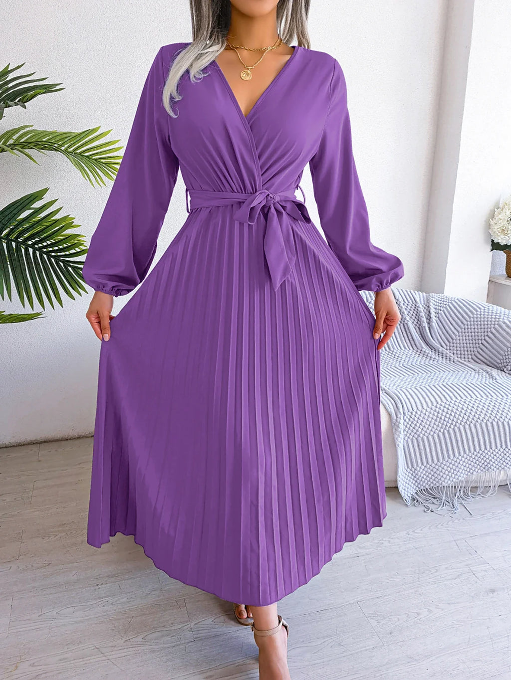 Elegant Surplice Neck Pleated Maxi Dress With Belt Flair