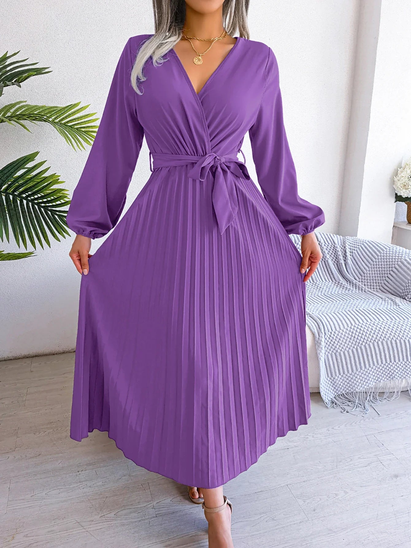 Elegant Surplice Neck Pleated Maxi Dress With Belt Flair