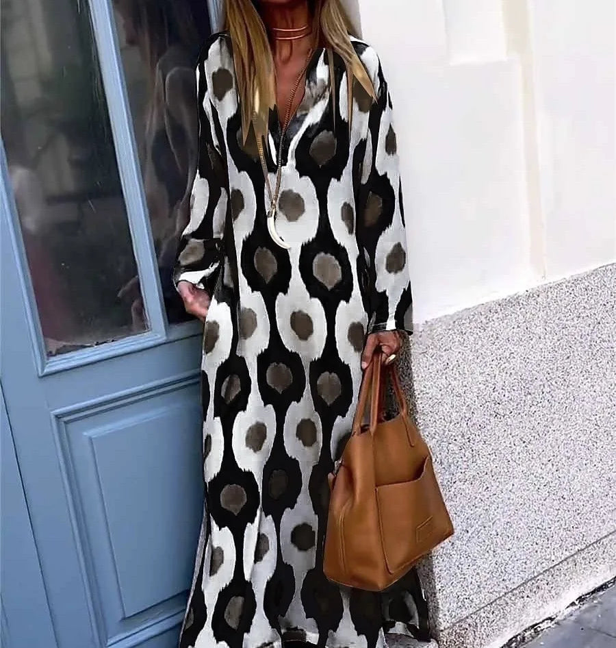 Autumn Winter Long V Neck Printed Dress With Unique Print