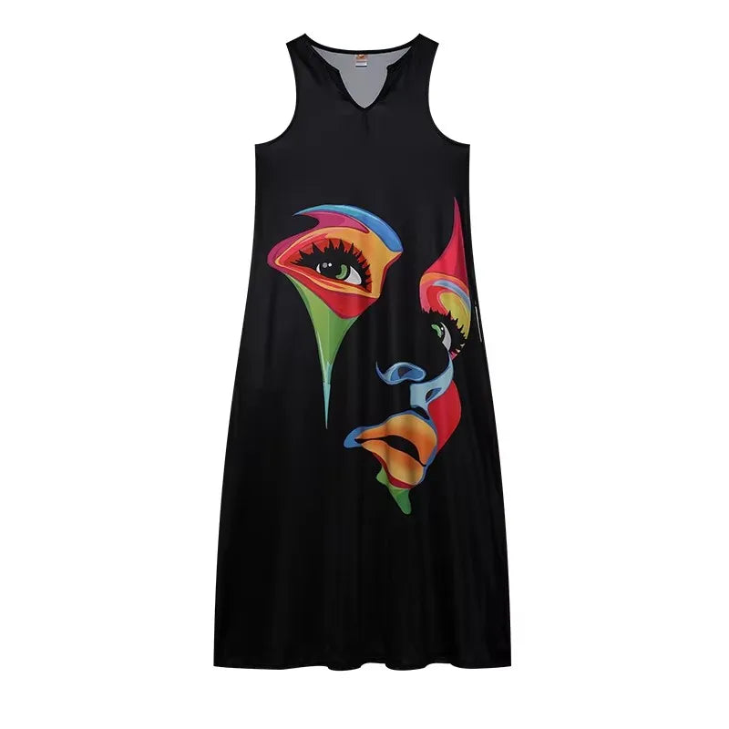 Retro Letter Print Sleeveless Dress With V Neck Style