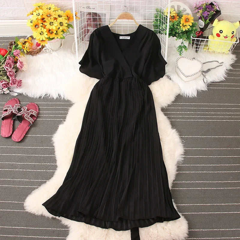 Chiffon Pleated Lace Up V Neck Dress For Women Summer