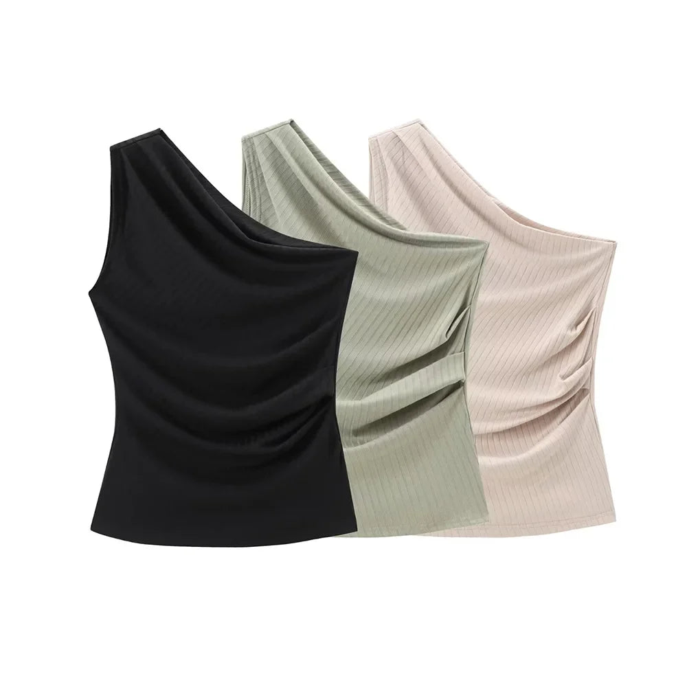 Women's Asymmetric Collar Sleeveless Slim Fit Top and Wide Leg Pants Set for Elegant Casual Style