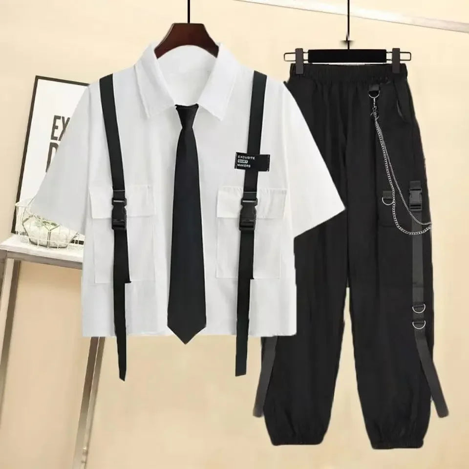 Casual Streetwear Cargo Pants Set with Chain and Harajuku Style Shirt for Women - Two Piece Loose Joggers and Blouse Outfit in Black and White
