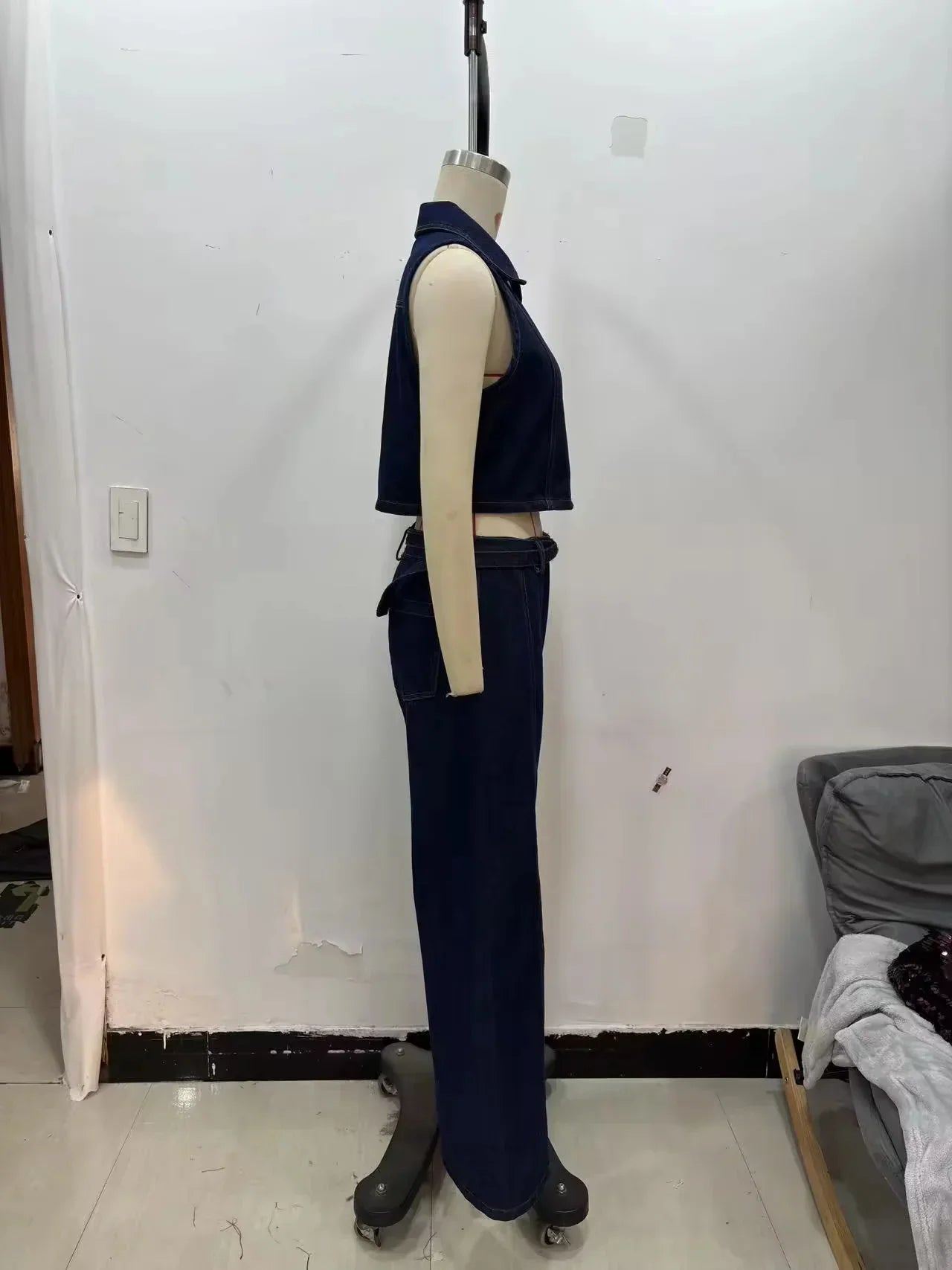 Women's Vintage Denim Streetwear Suit with Sleeveless Vest and Flare Pants