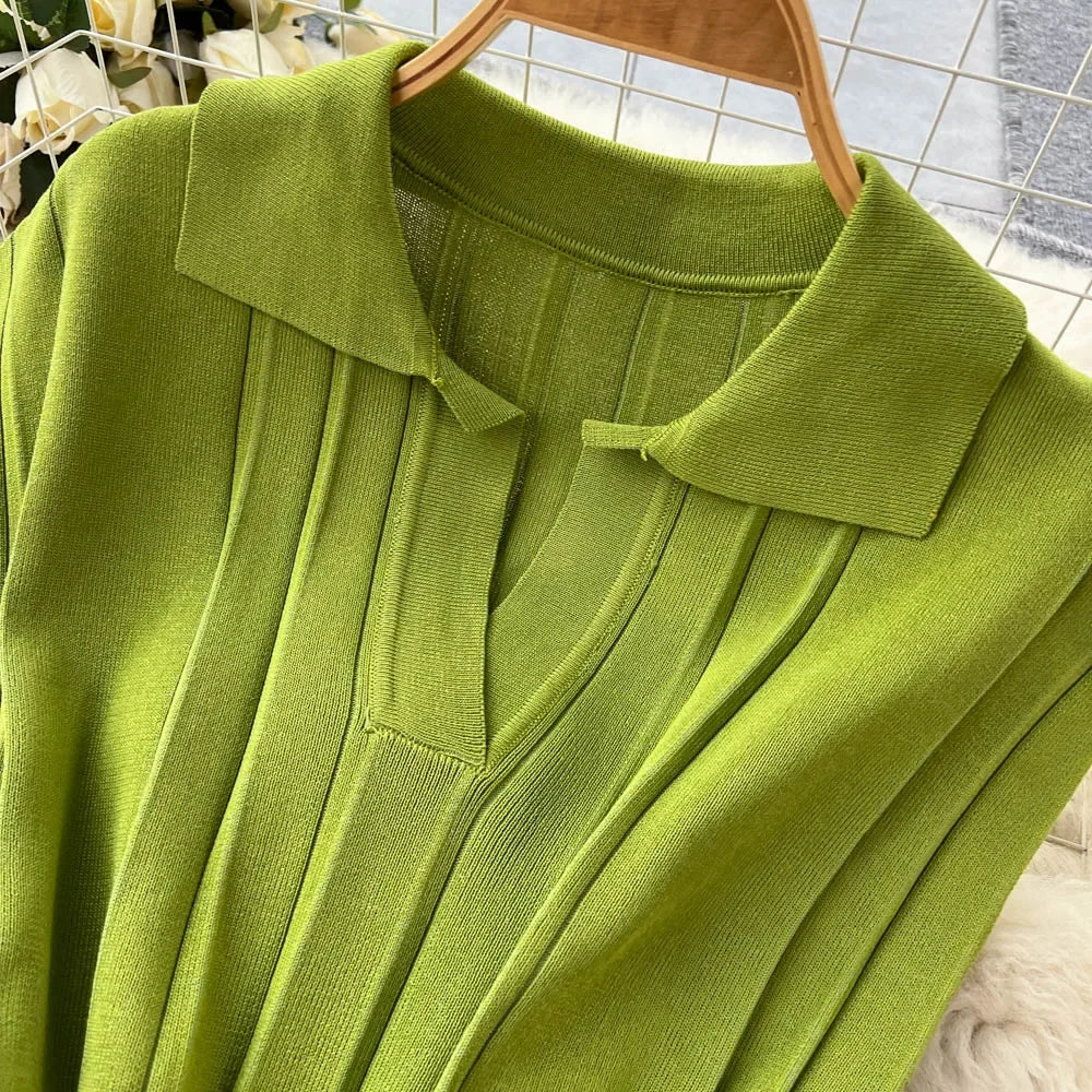 Solid Pleated Knitted Dress For Women Loose Fit Maxi