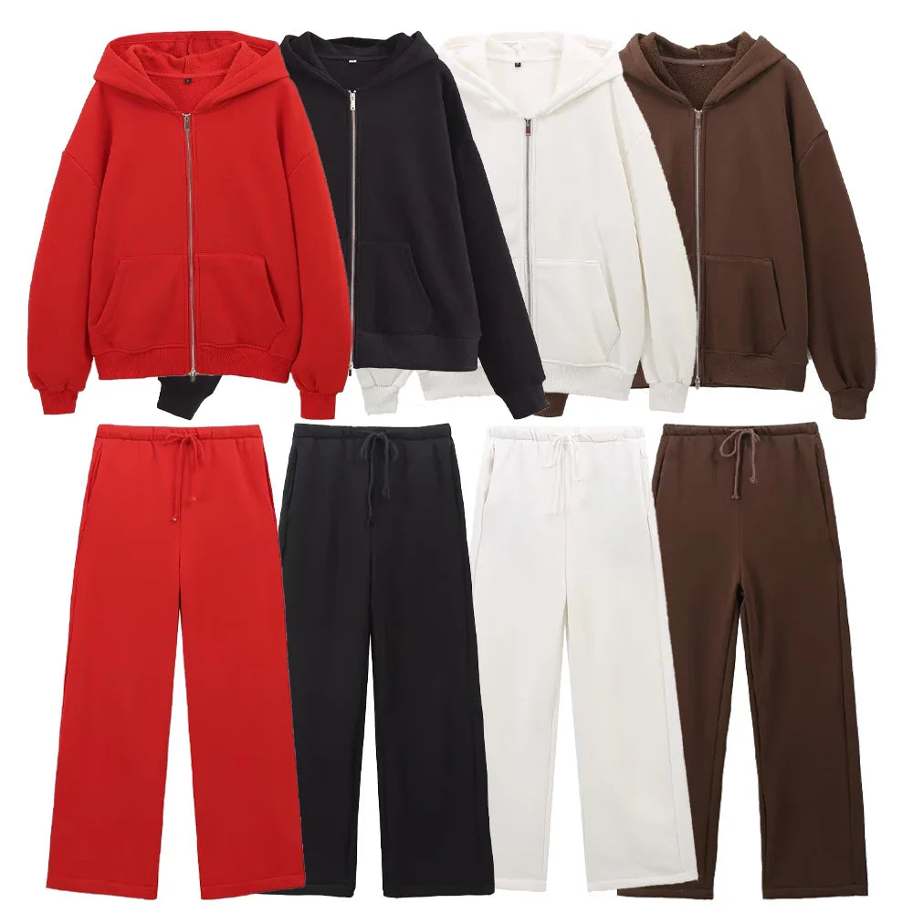 Fashionable Women's Casual Sportswear Jacket and Wide Leg Pants Set with Zipper Decoration