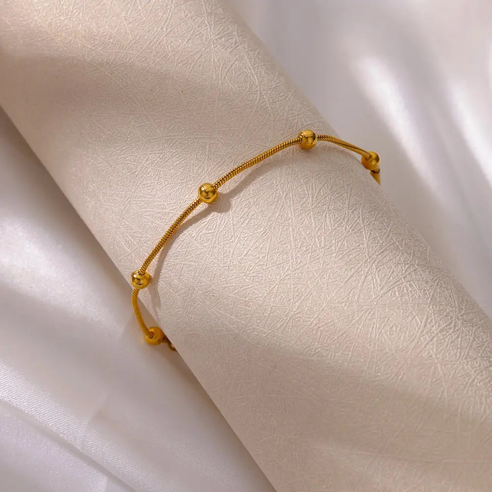Gold Color Stainless Steel Beaded Snake Chain Bracelet for Women Luxury Geometric Wedding Party Jewelry Gift