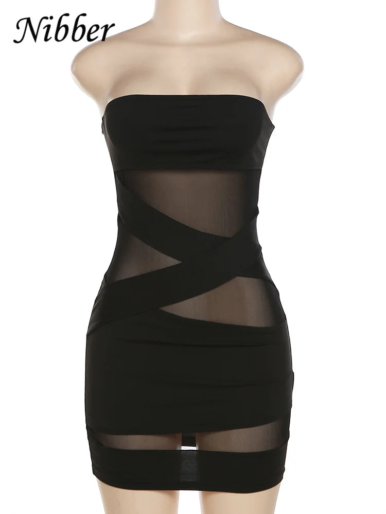 Mesh Patchwork Mini Dress Bandage Style Wrapped Chest
