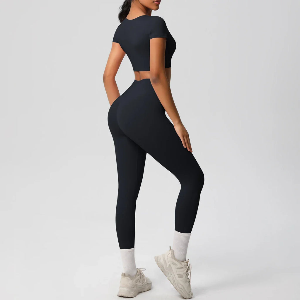 Yoga Set for Women Fitness Sportswear with Short Sleeve Top and High Waist Leggings