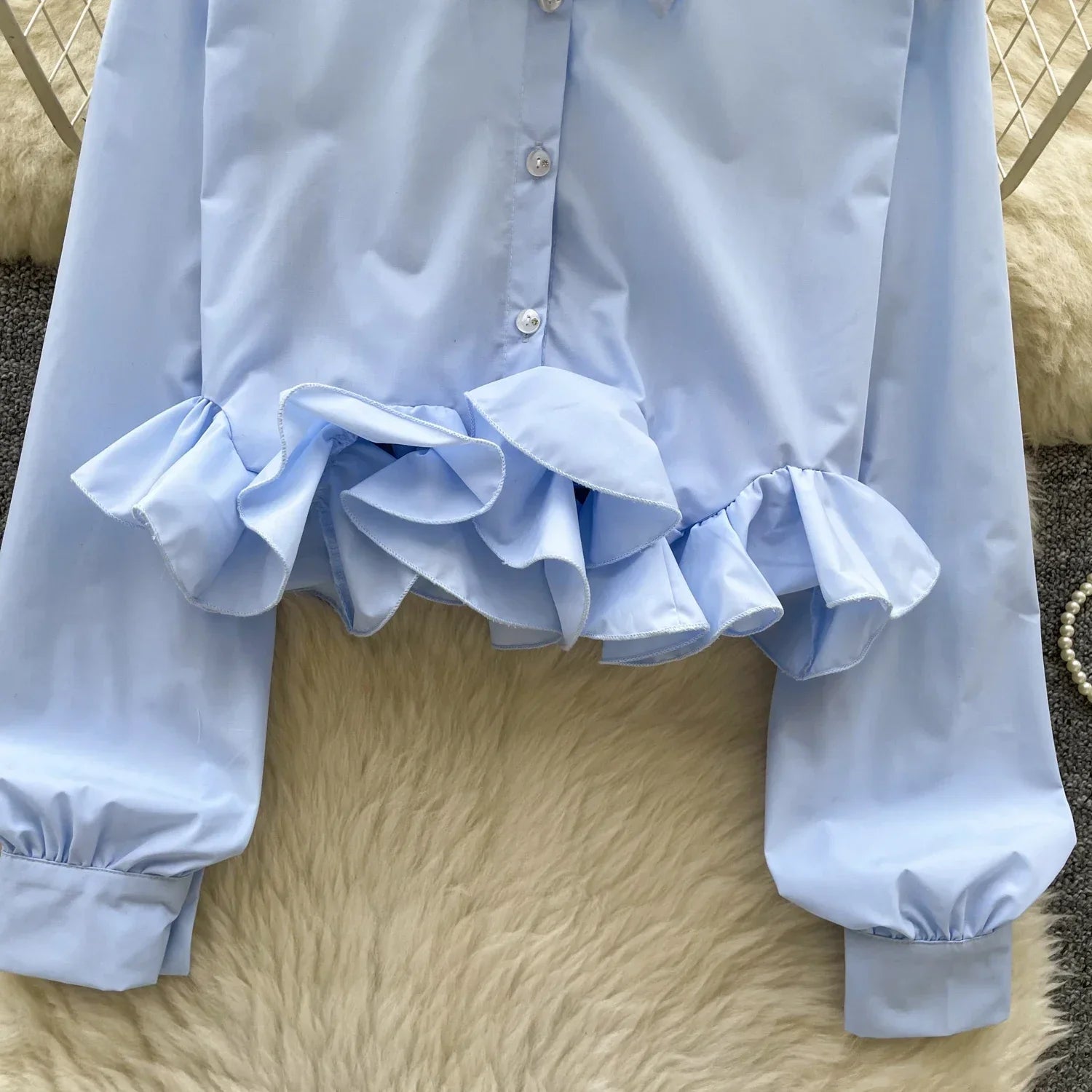 Women's 3D Floral Long Sleeve Blouse Single Breasted Turn-Down Collar Slim Fit Solid Color Shirt