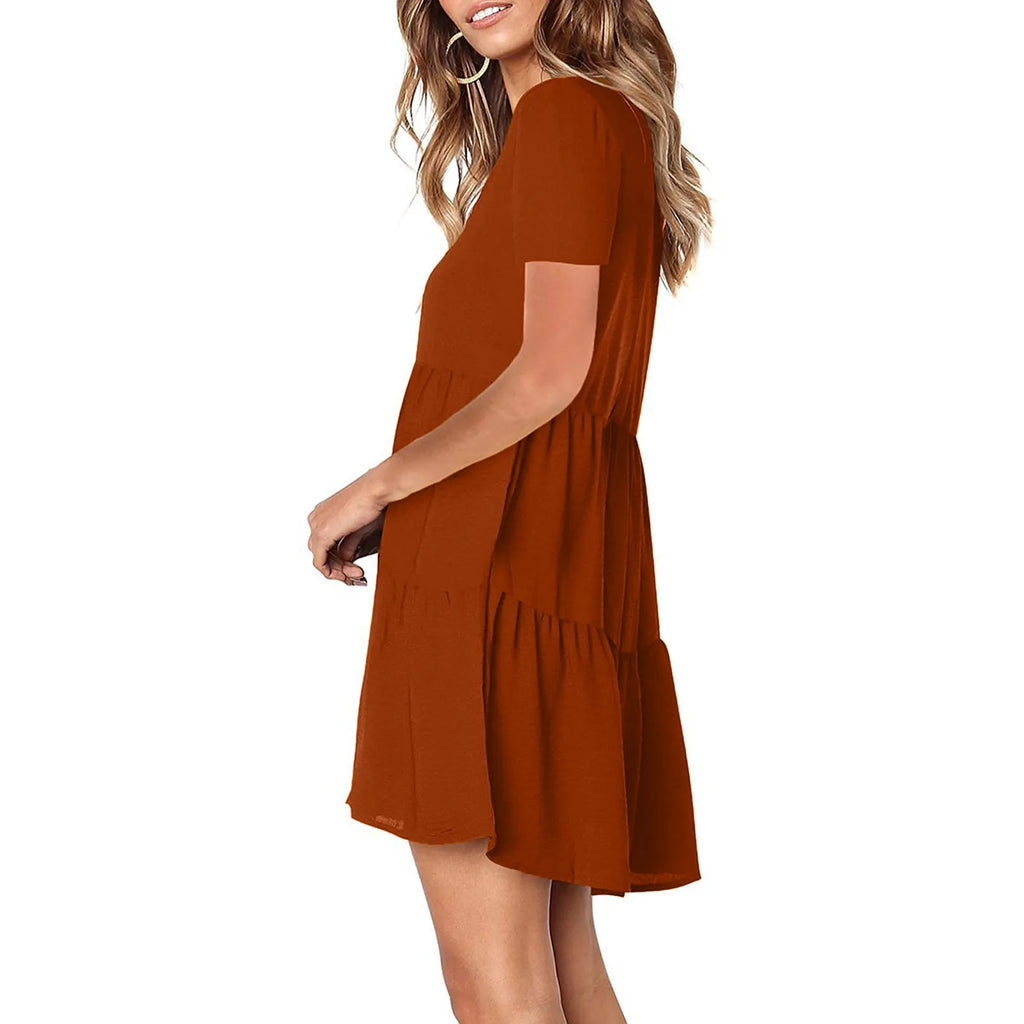 Womens V Neck Short Sleeve Loose Fit Dress Solid Color