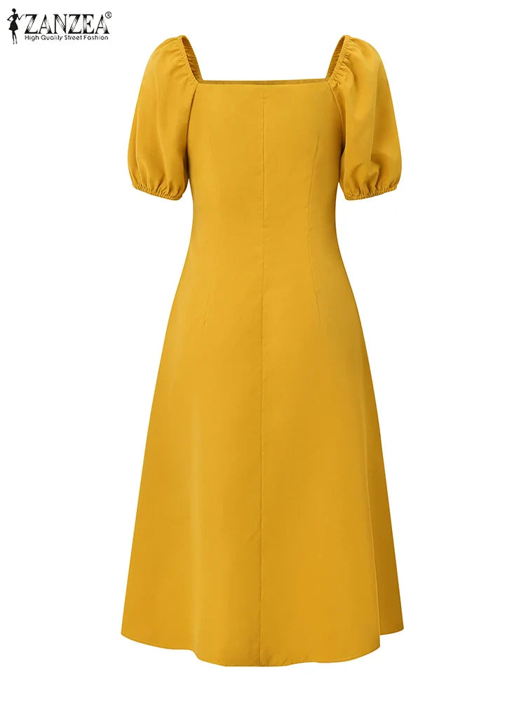 Korean Elegant Puff Sleeve A Line Dress Square Neckline