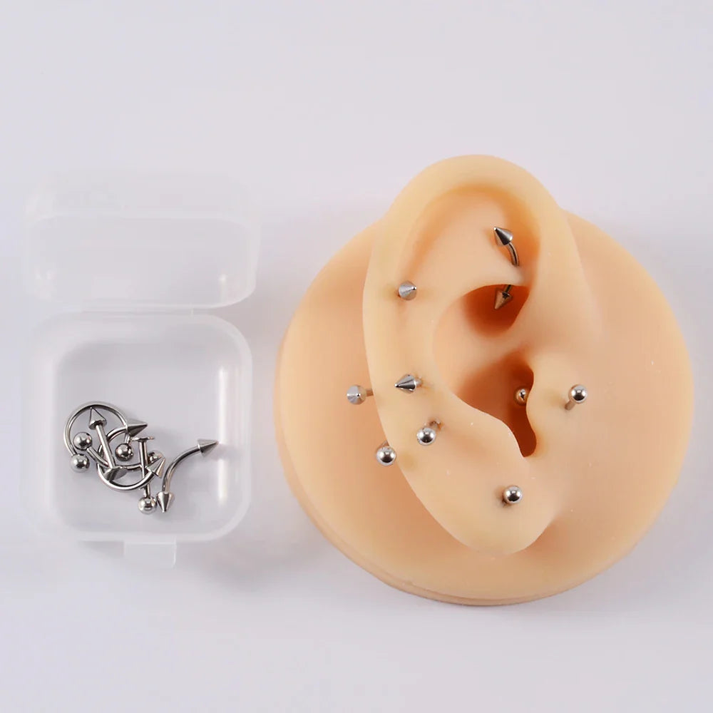 12 Piece Surgical Steel Piercing Jewelry Set with Gold Plated Black Rainbow Ear Nose and Eyebrow Labret 8mm