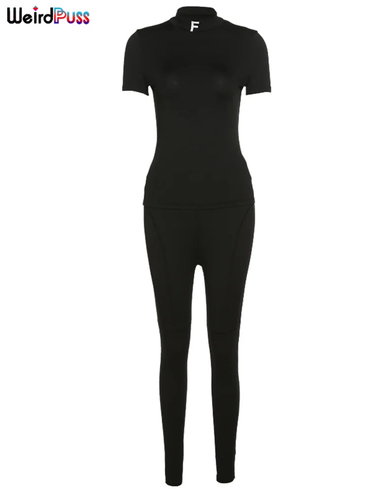 Weird Puss Letter Print Women's Tracksuit Set with Crop Top and Leggings for Stylish Streetwear