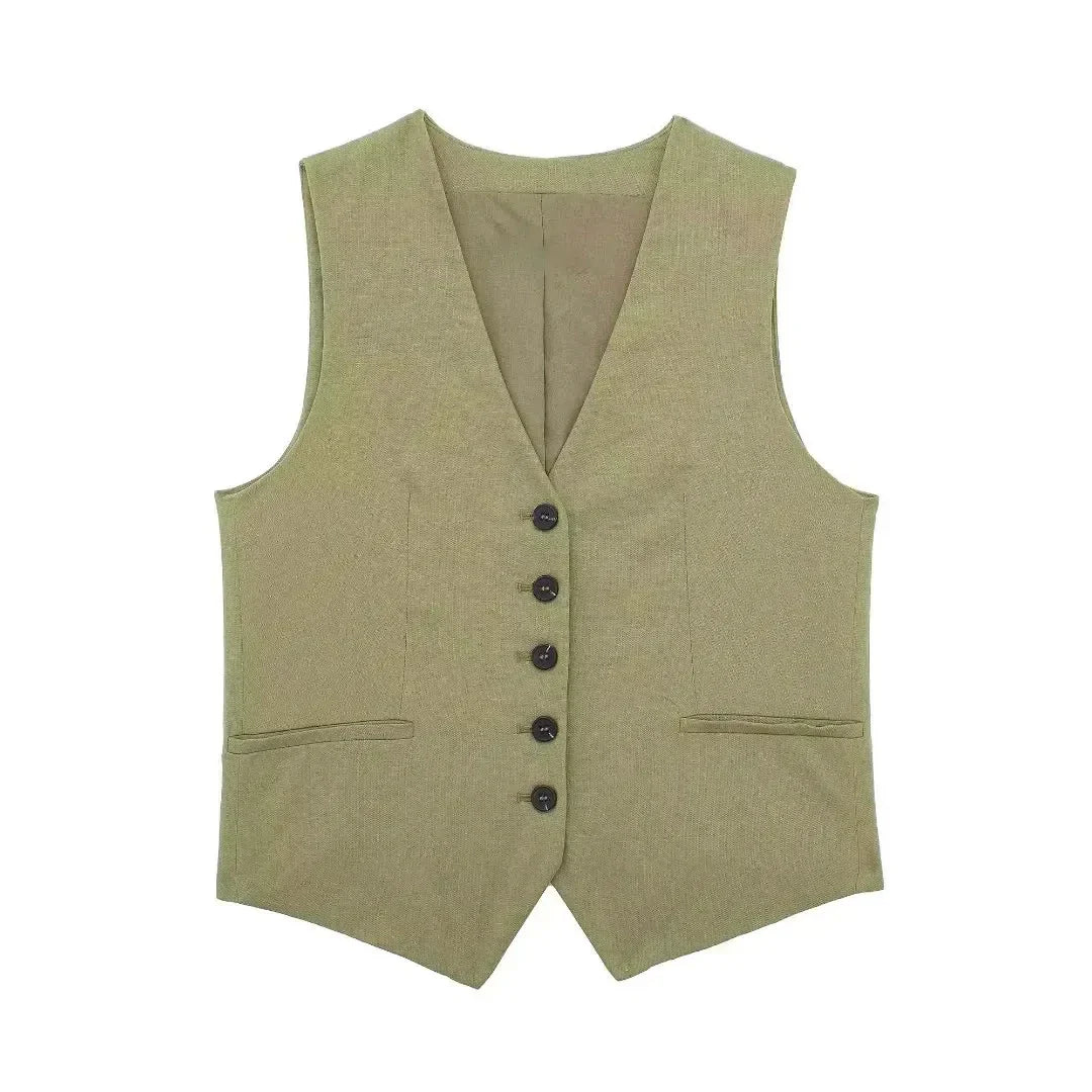 Casual Linen Sleeveless V-Neck Vest for Women Single Breasted Office Fashion Lightweight Linen Top