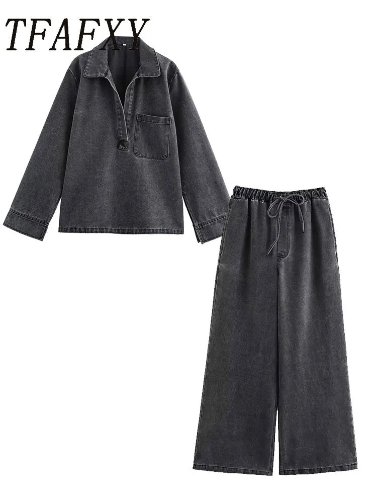 Autumn Denim Two Piece Set with Elastic Waist Wide Leg Pants and Polo Collar Long Sleeve Top for Casual Style